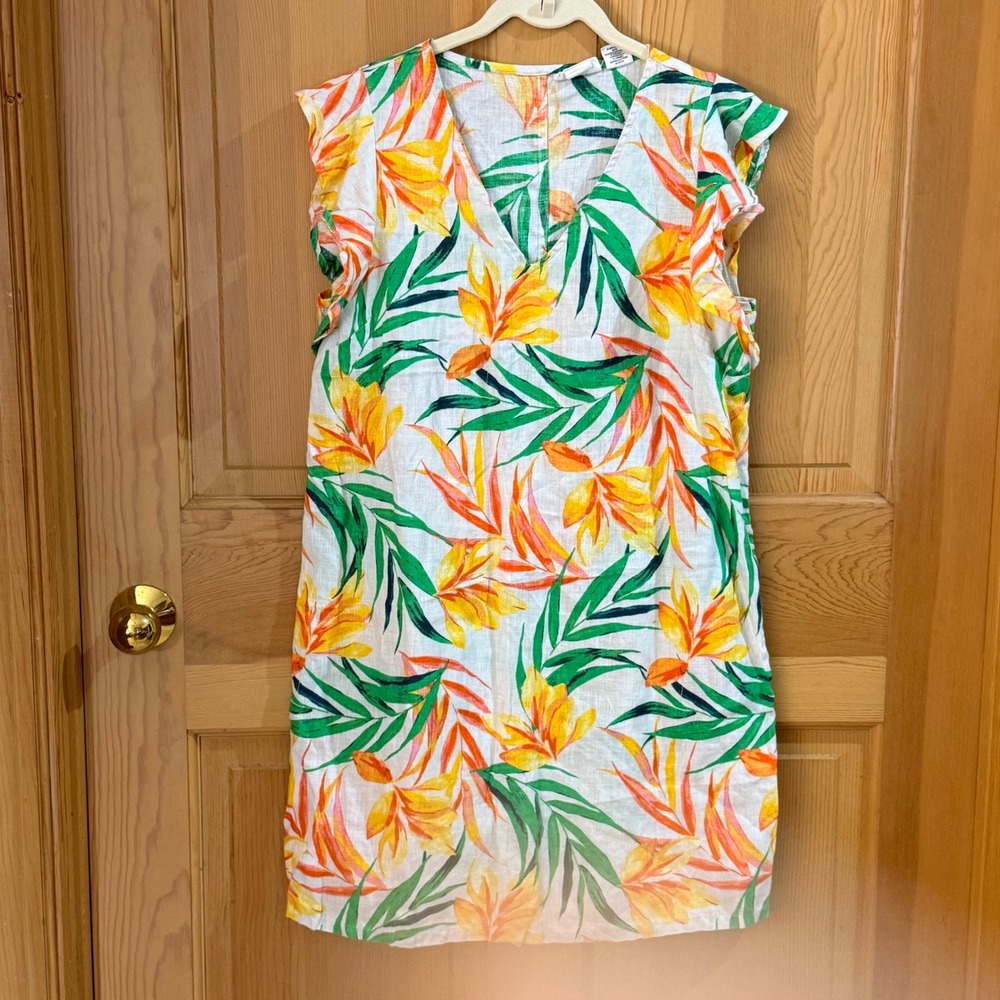 Nicole Miller Linen Tropical Floral Shift Dress S White Yellow Flutter Sleeve - Picture 14 of 15
